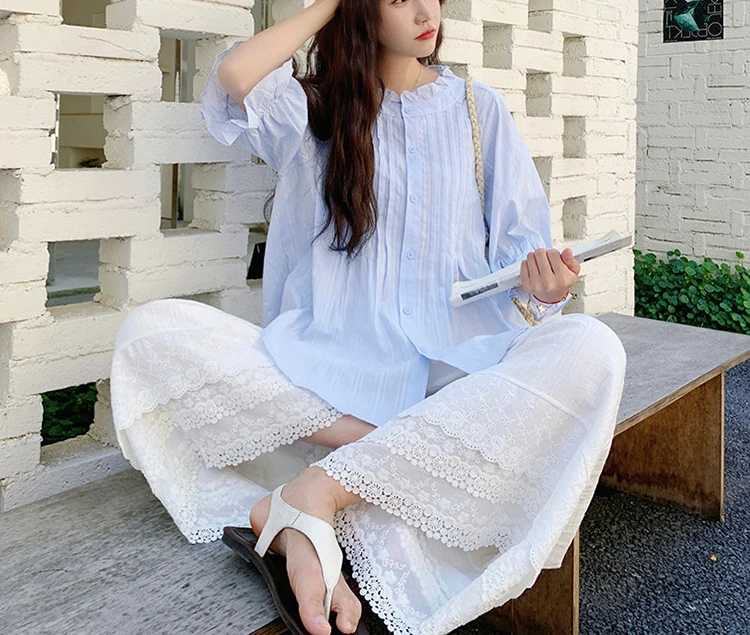 한국 스타일 여름 임산부 레이스 바지 와이드 레그 출산용 긴 루즈 팬츠 화이트
