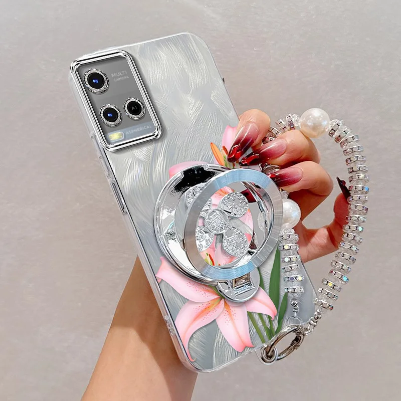 Pink Flowers Phone Case Set with Lanyard and Stand - 3-Piece Ensemble