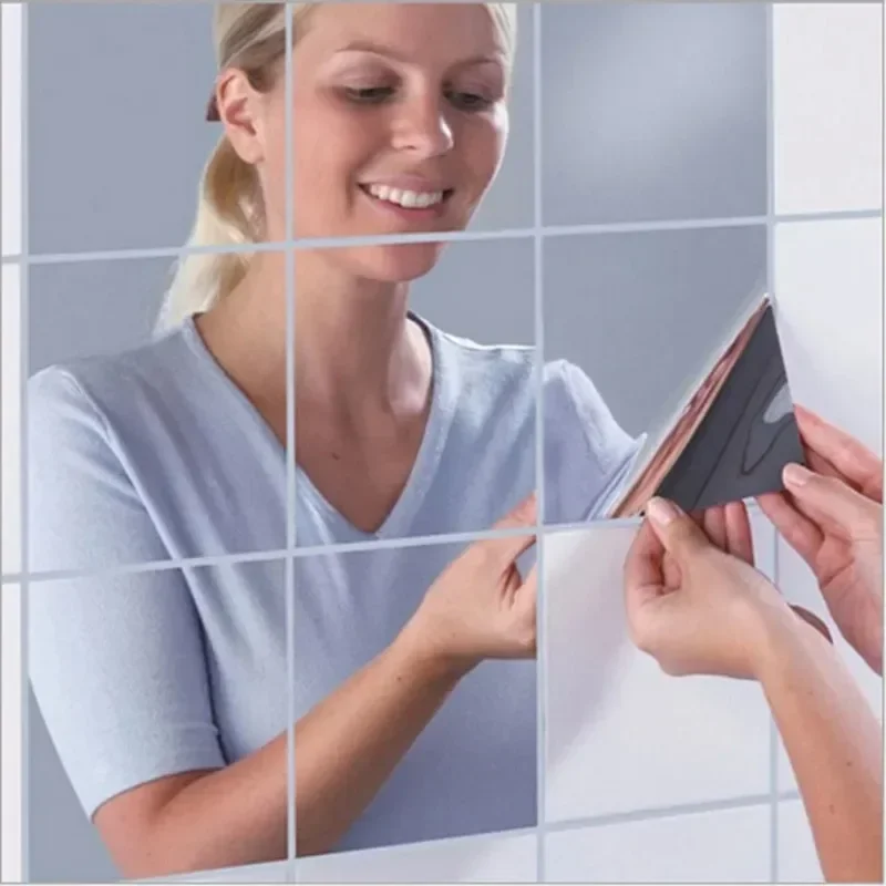 9Pcs/16pcs Mirror Sticker Square Mirror Silver Wall Stickers 3D Decal Mosaic Bathroom Self-adhesive Wall Paper Decor