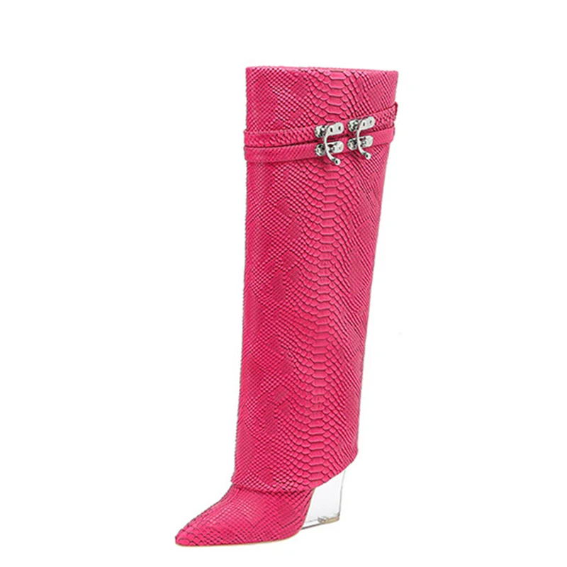 

Snake Prints Overlay Knee High Boots Women Glass Clear Wedge Heels Shoes Folded Upper Pointed toe Heart Shape Booties