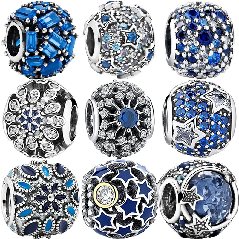 

New Pave Blue Zircon Stars Snowflake Shining Fashion Round Beads Fit Original Pandora Charms Silver Color Bracelet Women Jewelry