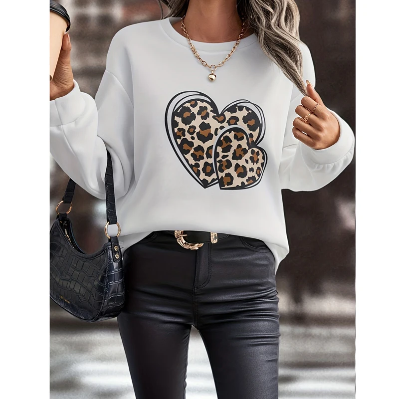Women Trendy Casual Leopard Heart Graphic Print Streetwear Y2K Sweatshirts Female Autumn Fashion Loose Long Sleeve Pullover Tops zaful streetwear angel heart letter graphic tee xl gray