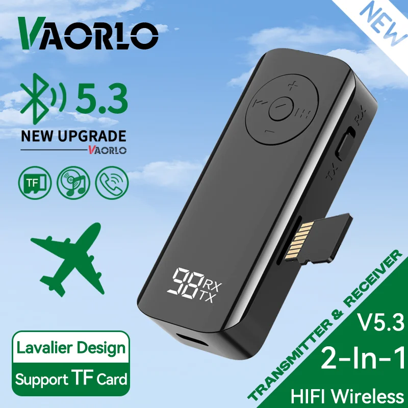 Bluetooth 5.3 Audio Transmitter Receiver 3.5MM AUX Support TF Card Play MIC Collar-Clip for Car Airplane TV PC