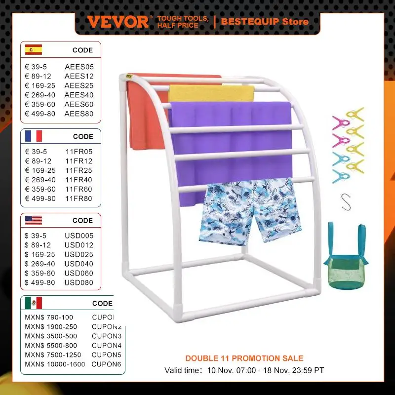 VEVOR Pool Towel Rack 5/6/7 Bar Outdoor PVC Trapezoidal/Triangular/Curved Poolside Storage Organizer w/ White/Brown Freestanding