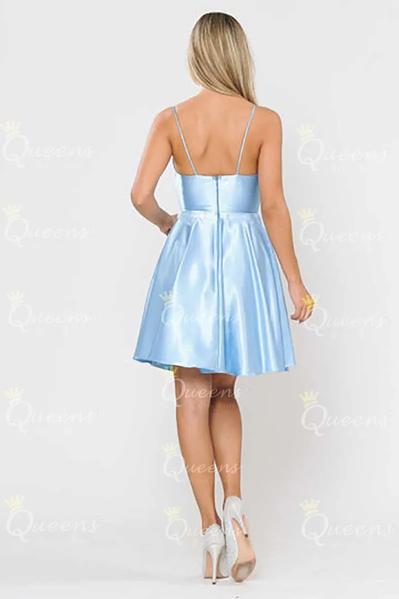 QueensLove Cocktail Dress Satin Short Dress Spaghetti Bridesmaid Dress V-Neck Club Wear Split Dress Backness Growns