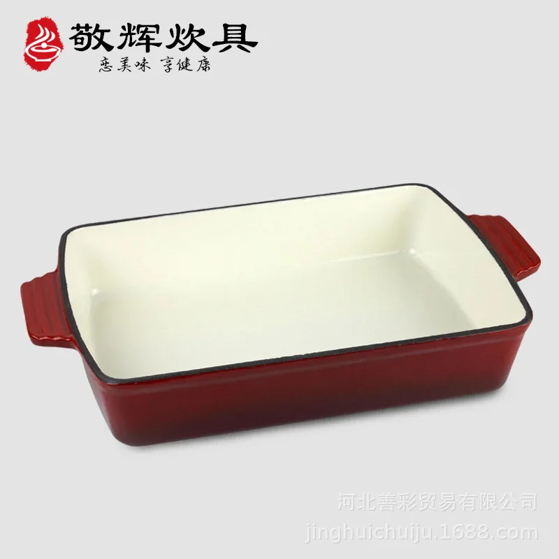 

Cast Iron Uncoated Double-Ear Frying Pan Rectangular Hotel Commercial Red Inner White Enamel Frying Pan