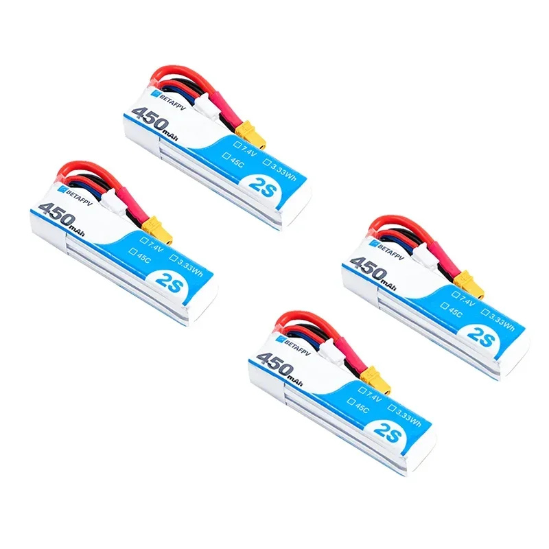 Pack de 4 batteries Lipo 450mAh 2S 45C BETAFPV pour drone FPV micro, présentées en éventail.