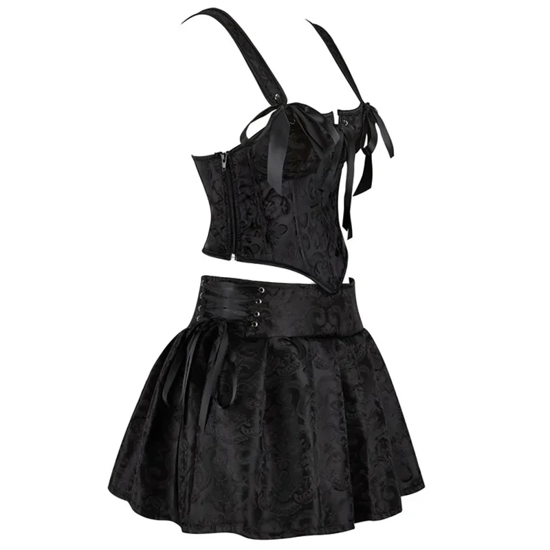 Black Corset Dress Suit Jacquard Summer Women's Retro Waist Corsets with Strap Renaissance Bodice Overbust
