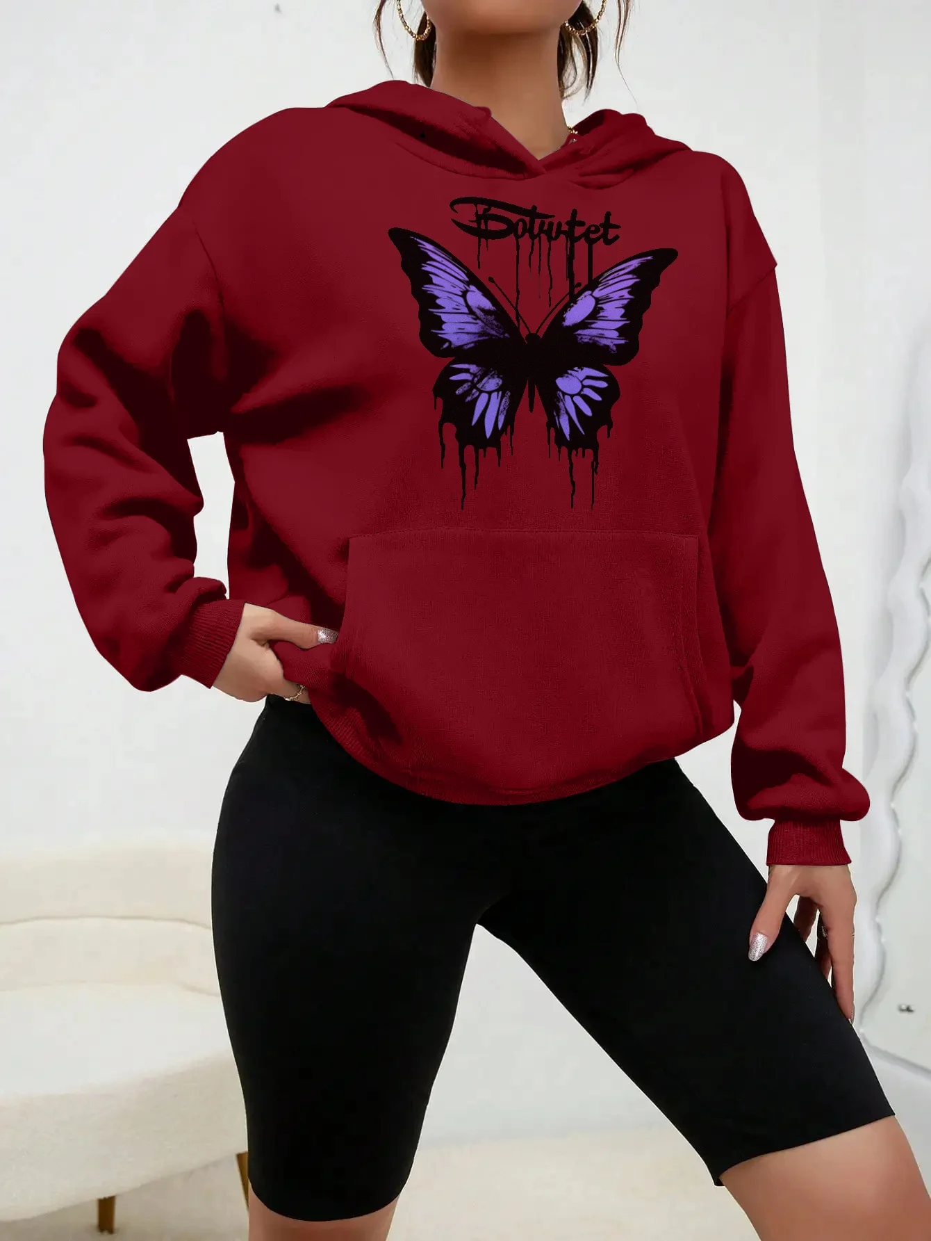 

Butterfly print women's hoodie 2024 spring new style 2K casual loose versatile streetwear polyester fiber women's clothing
