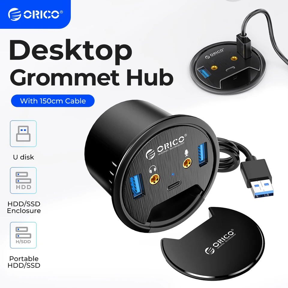Passacavo da tavolo ORICO HUB USB 3.0 con porta per microfono per cuffie lettore di schede tipo C Splter adattatore OTG per accessori per Laptop  7