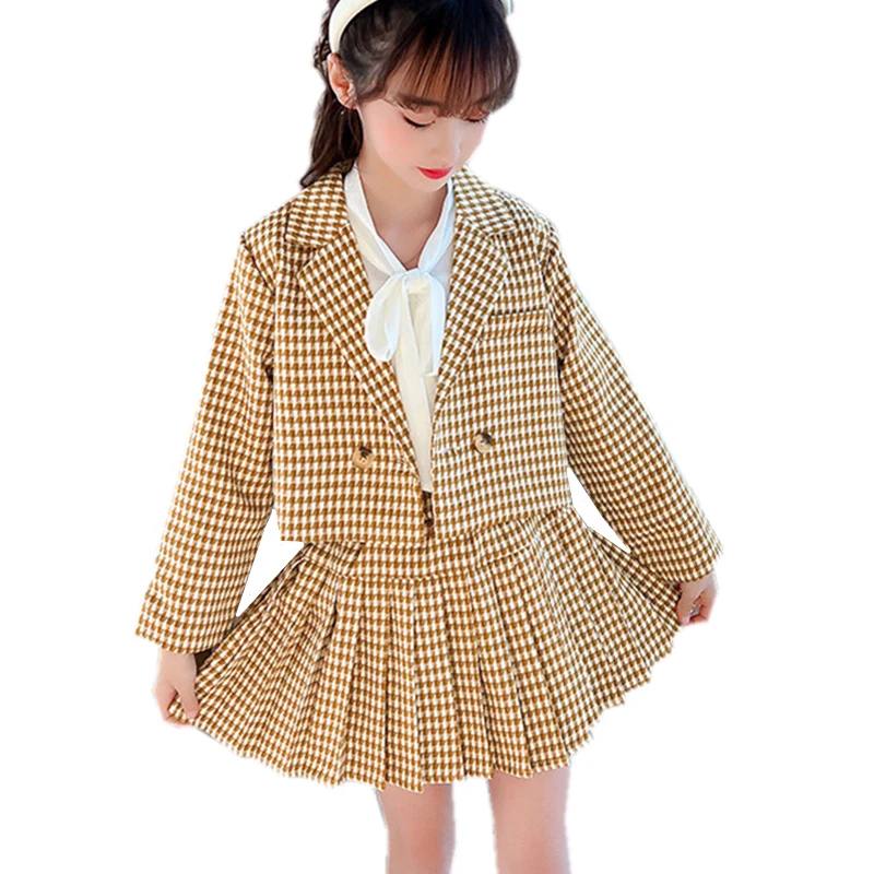 

Plaid Luxury Brand Girls Blazer Suits Spring Autumn Kids Jackets + Skirt + Blouse 3 Pieces Clothing Sets Teenage Casual Outfits