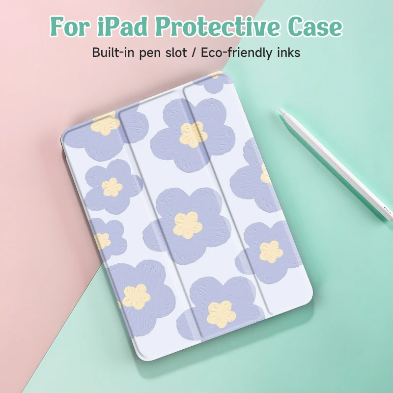 Floral Elegance Tablet Case with Pencil Holder and Auto Wake/Sleep Function
