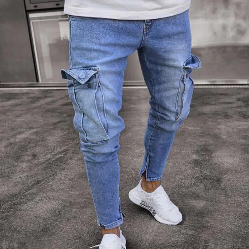 유럽과 미국의 국경 간 무역 남성 청바지 아마존 스트레치 무릎 찢어진 지퍼 슬림핏 긴 바지