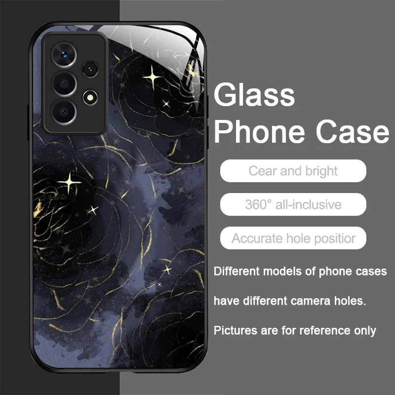 Luxury Black Rose Flower Graphic Tempered Glass Phone Case Cover