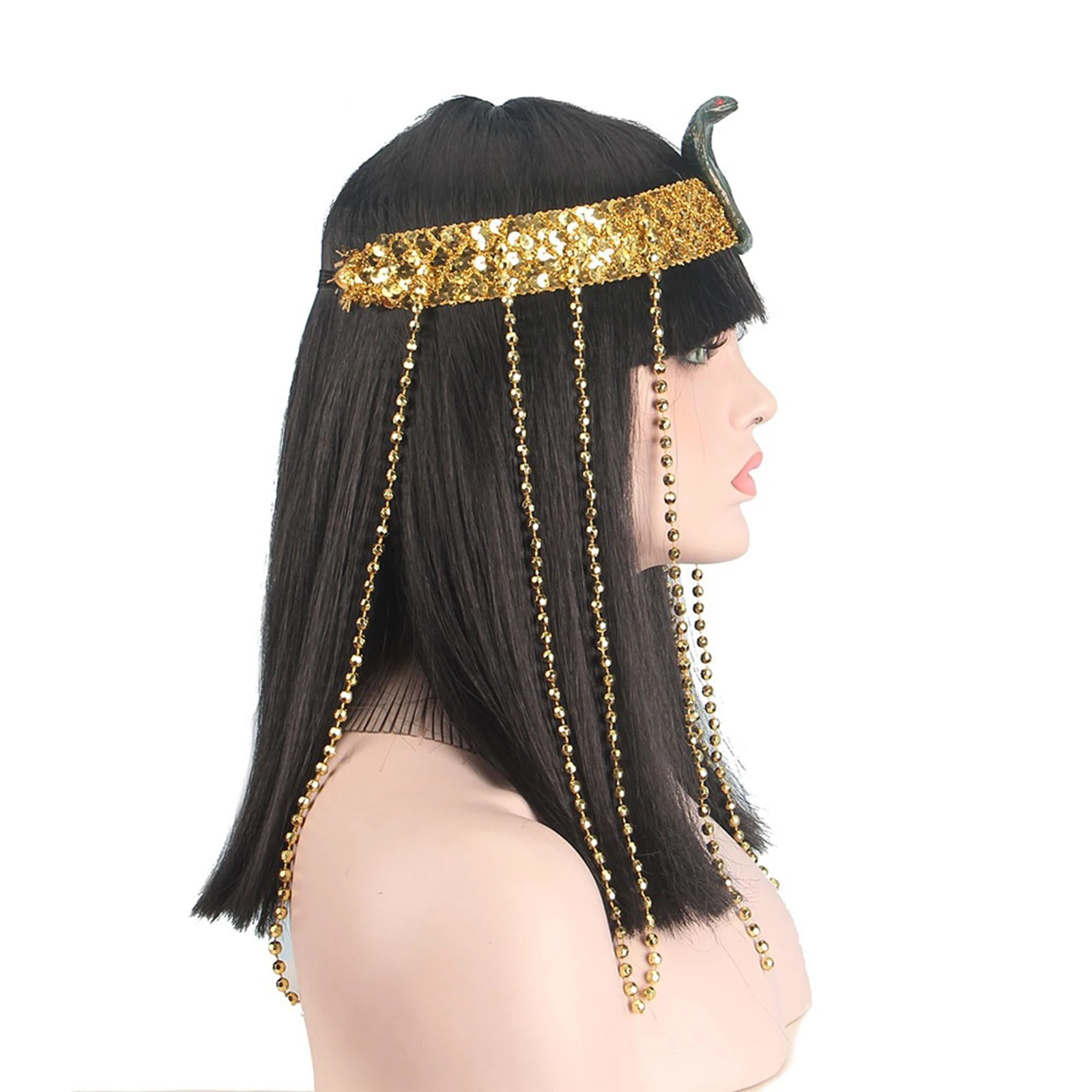 Cleopatra Egyptian Queen Wig and Beads Fringe Snake Headband Straight Hair Wig Egypt Neck Collar Halloween Cosplay Accessories