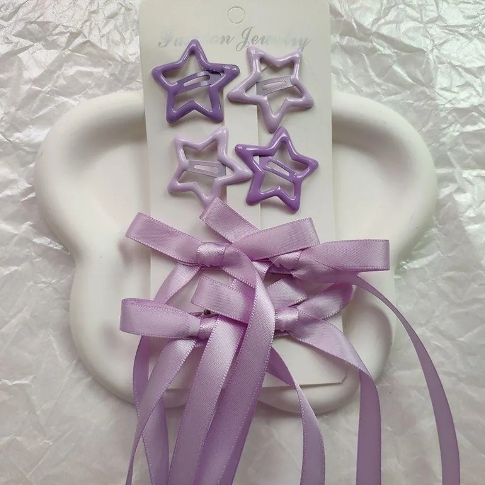 6-teiliges Set Bunte Schleifen-Haarspangen mit Sternen, Lange Schleifenknoten-Haaraccessoires, Band-Haarschmuck-Set – Detail 5