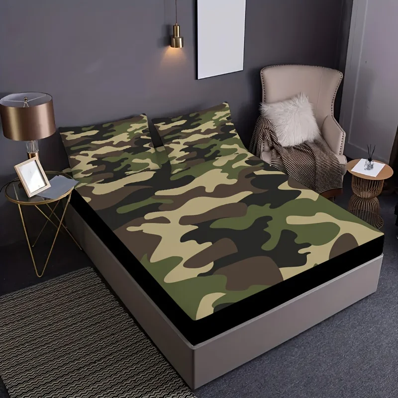 Classic Camouflage Pattern Fitted Sheet Set 1* Fitted Sheet+2*Pillowcases Mattress Covers Soft Breathable Bedding Set 4
