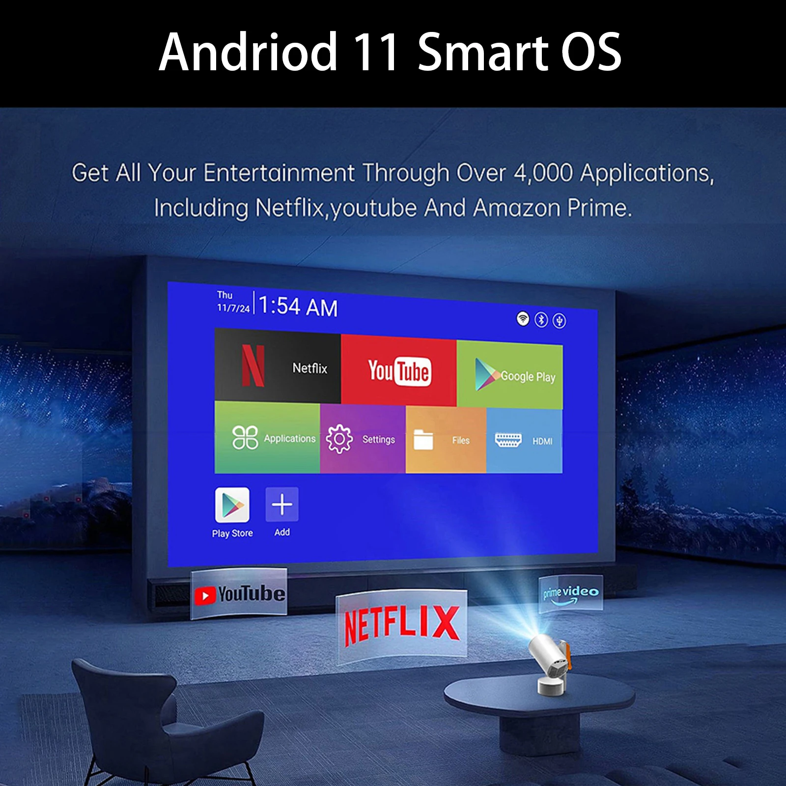R3H4 Projector 630ANSI Native 1080P Support 4K Android11 BT5.0 Auto Keystone Cor