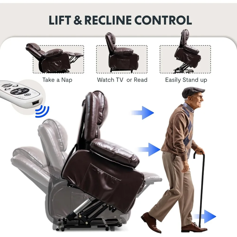 XL31 Power Lift Recliner Chair for Elderly, Electric Lift Chair with Massage & Heat PU Leather Reclining Sofa w/Cup Holders Side