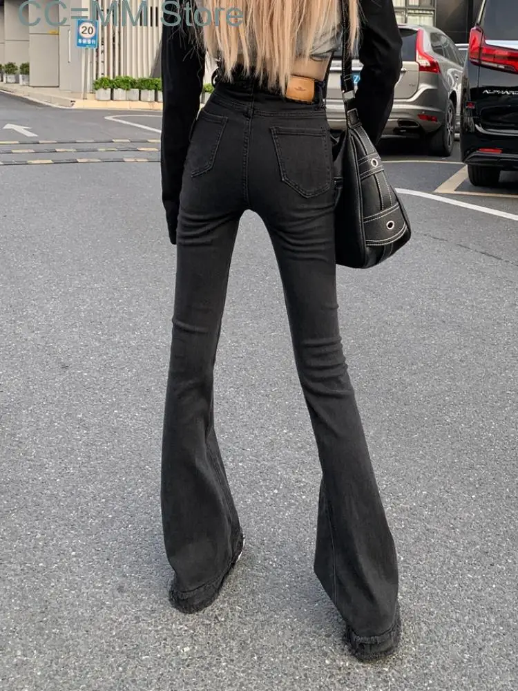New Black Casual Jeans Women High Waist Chic Slim Flare Pants Female Streetwear Korean Fashion Denim Trousers Winter