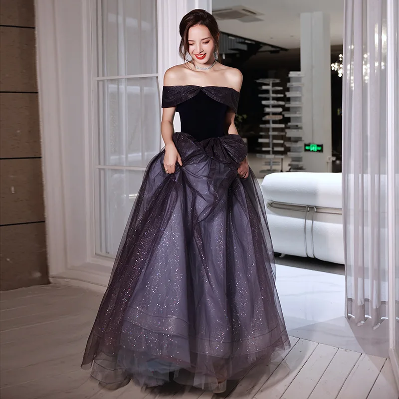 sweet-bow-off-the-shoulder-evening-dresses-purple-tulle-elegant-a-line-suknie-wieczorow-new-simple-vestido-de-noche-plus-size