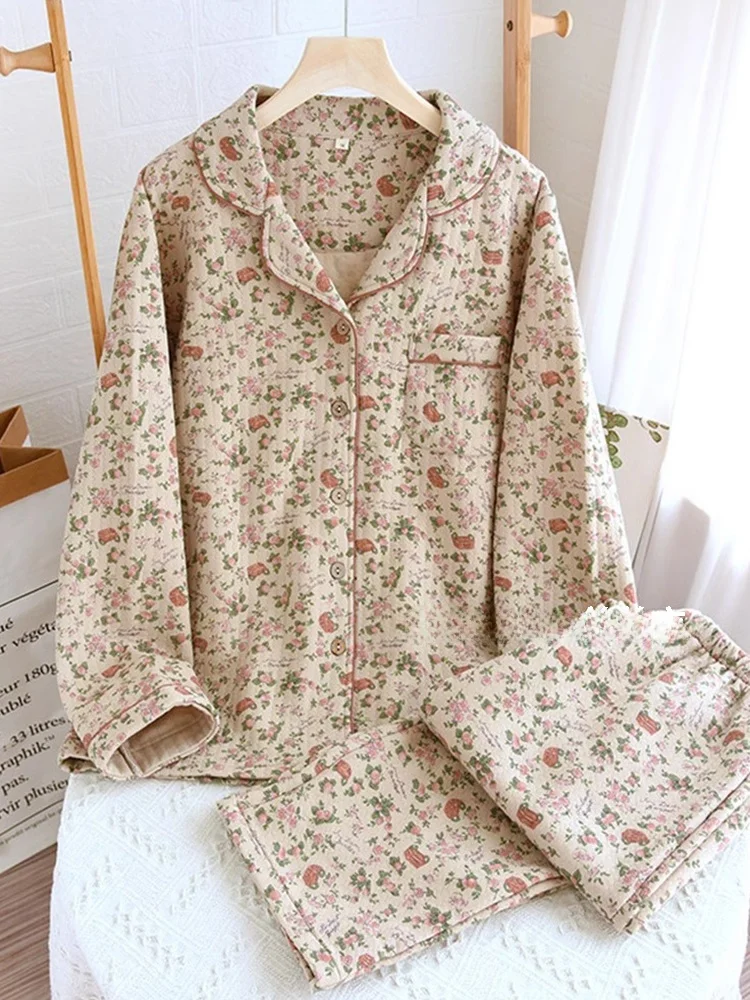 Thiened Air Cotton Long Sve Floral Print Spwear Set Women's Tee-Layer Cotton Air Home Clothes Sweet Sle Pajamas