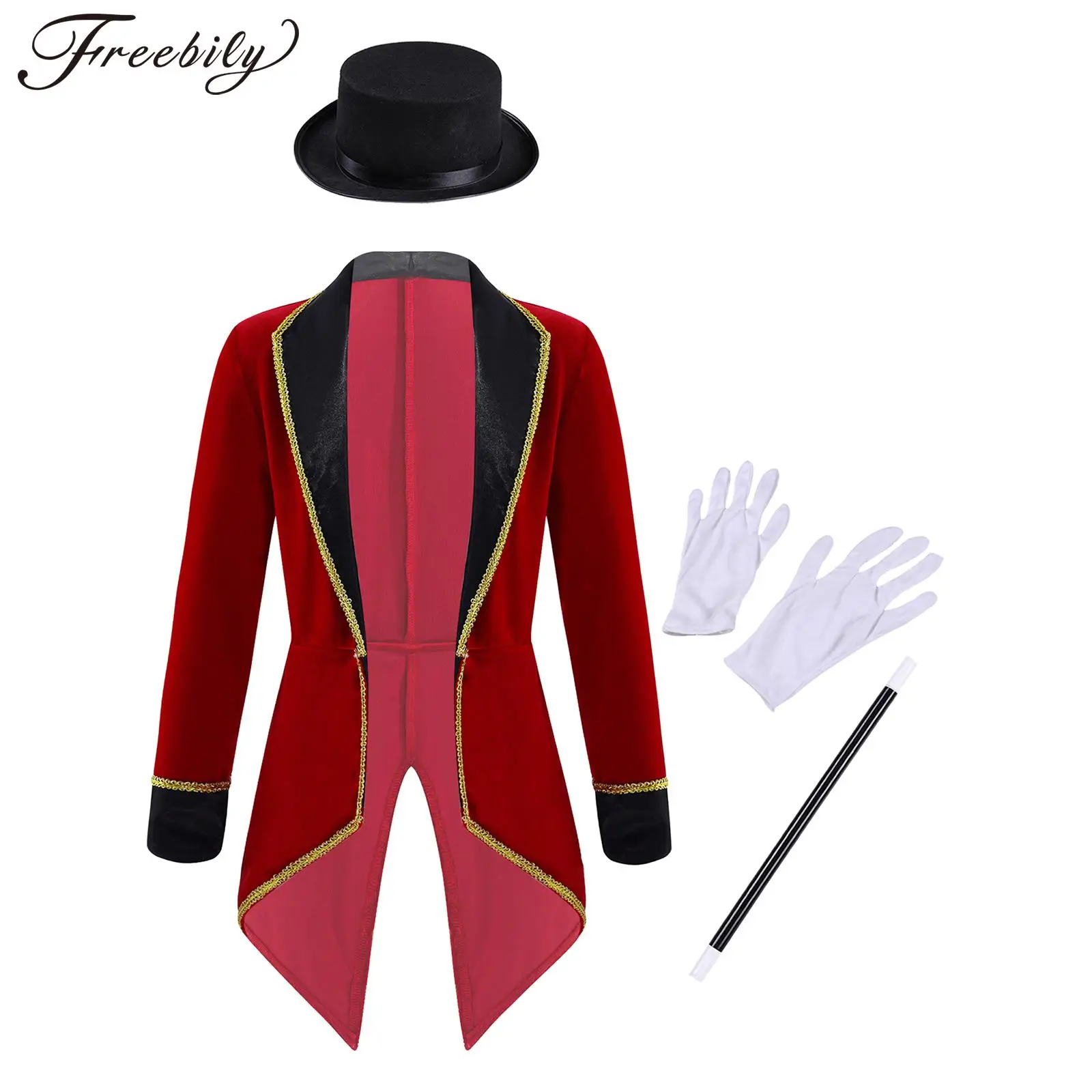 

Kids Girls Circus Ringmaster Cosplay Costume Halloween Magician Dress Up Outfit Long Sleeve Lapel Tailcoat with Hat Magic Wand
