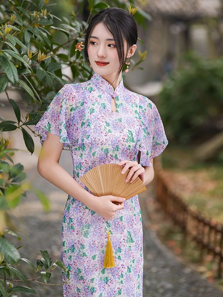 

Summer Chiffon Long Cheongsam Elegant Fashion Photograph Modern Daily Qipao Chinese Evening Style Floral Dress for Women Party
