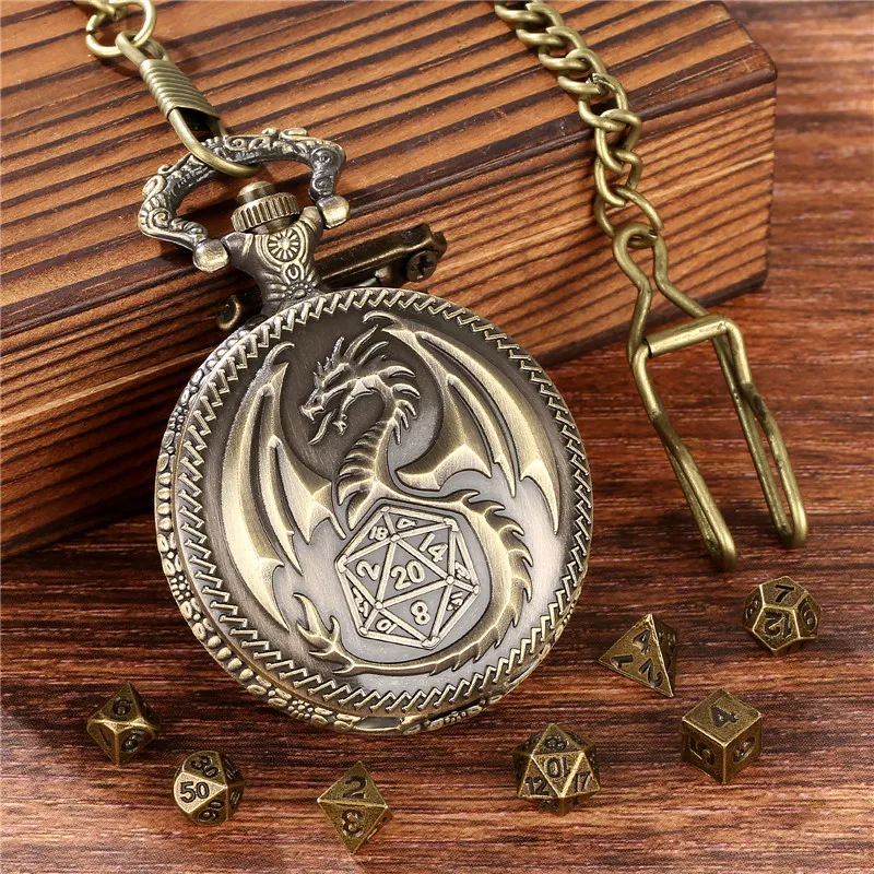 Pocket Watch Chain Bronze Dragon Pocket Watch Case FOB Chain With 7 X Metal Polyhedral Dice With Entertainment Role Play Game Dices