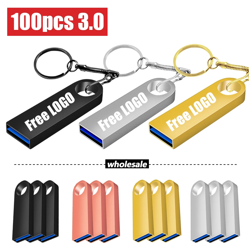 

100PCS USB3.0 Free Custom LOGO Flash Drives Metal 64GB Black 32GB Pen drive 16GB Memory stick Free key chain U disk128GB
