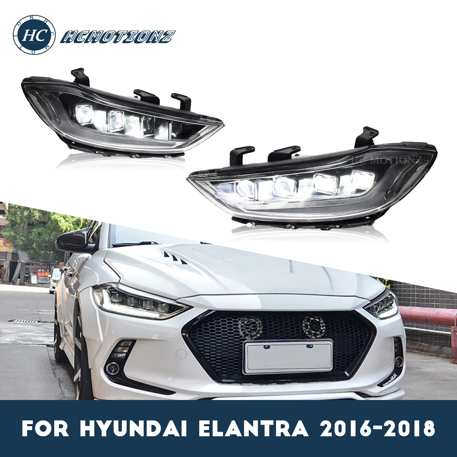 HCMOTIONZ Full LED 4 Lens Headlights Assembly for For Hyundai Elantra 2016 2017 2018 DRL Car Front Lamps with Red Demon Eyes