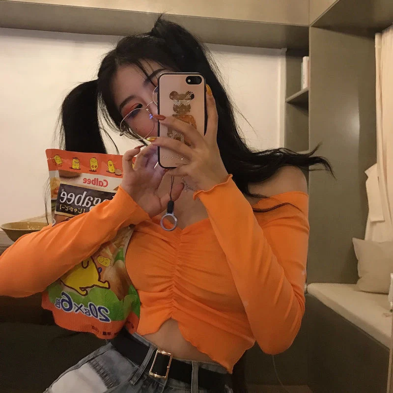 

2022 New Y2k Slash Neck Off-Shoulder Cropped Top Women Fungus Edge Long-Sleeved Slim Fit Short Purple T-Shirt Green Orange Red