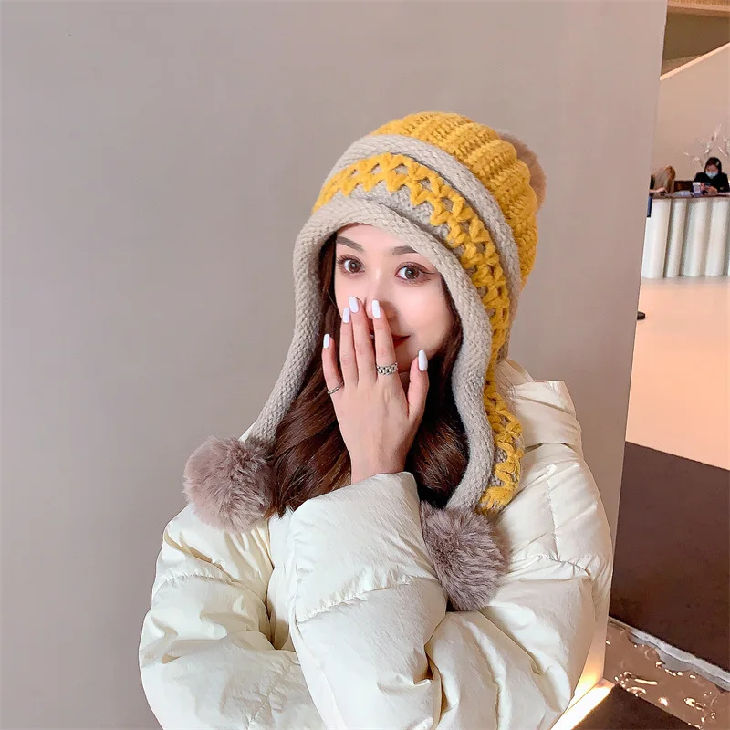Neue Gestrickte Hut Dicke Warme Earflap Hüte Schal 2Pcs Set Fleece Gefüttert Ball Bommel Skullies Beanies Frauen Winter kaninchen Fell_voghion.com