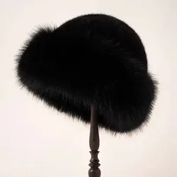 Women's Fluffy Fur Winter Bucket Hat - Plush & Warm Panama Cap (Black)