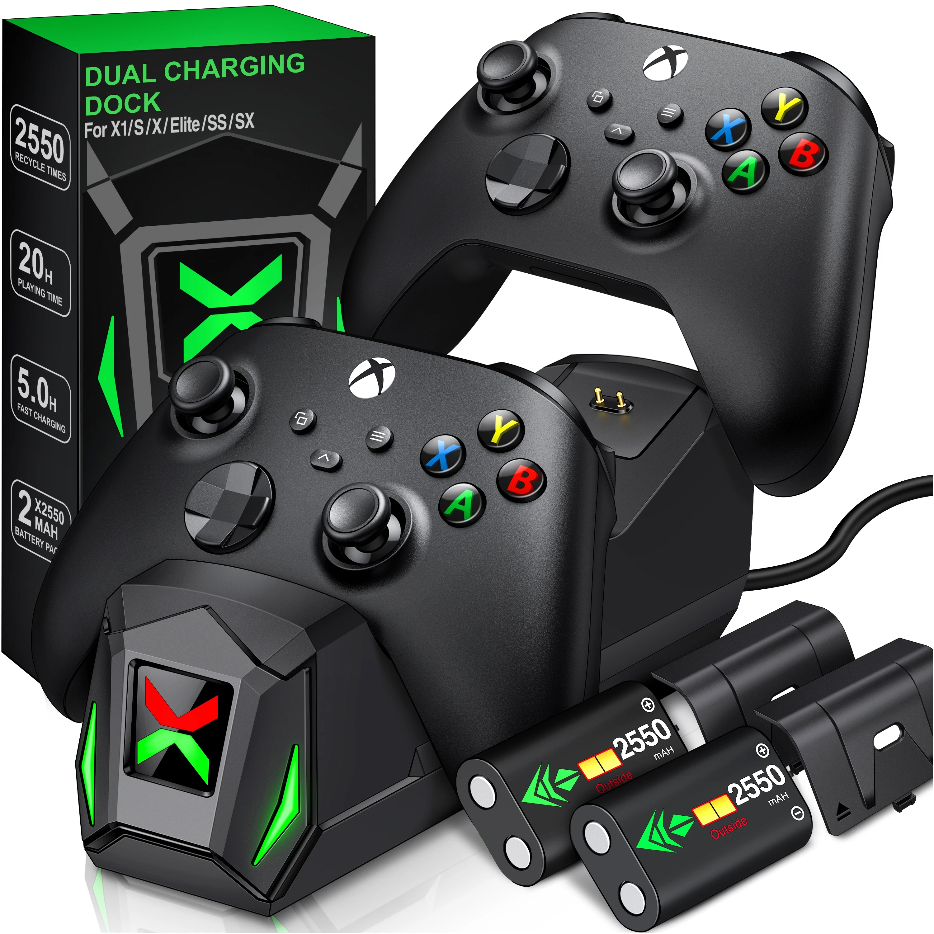 Chargeur pour manette Xbox One/S/X/Elite, station de recharge double à DEL  STAP à mise à jour à 2 batteries rechargeables incluses