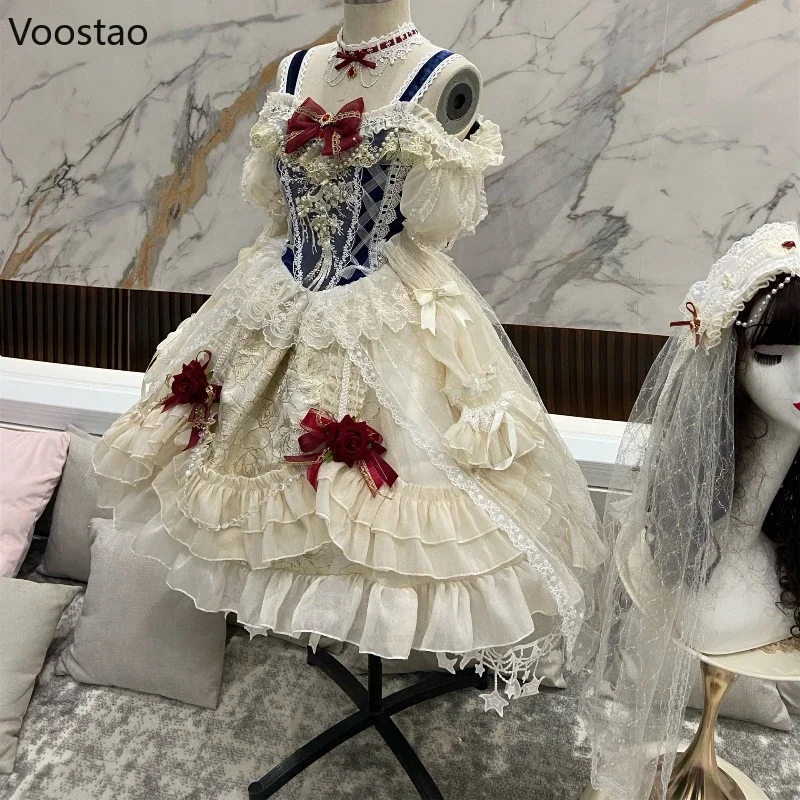 Lolita Dress Japanese Sweet Lolita Princess Dress Women Elegant Vintage Bow Off Shoulder Lace Mesh Pearl Evening Party Dresses Lolita Clothes