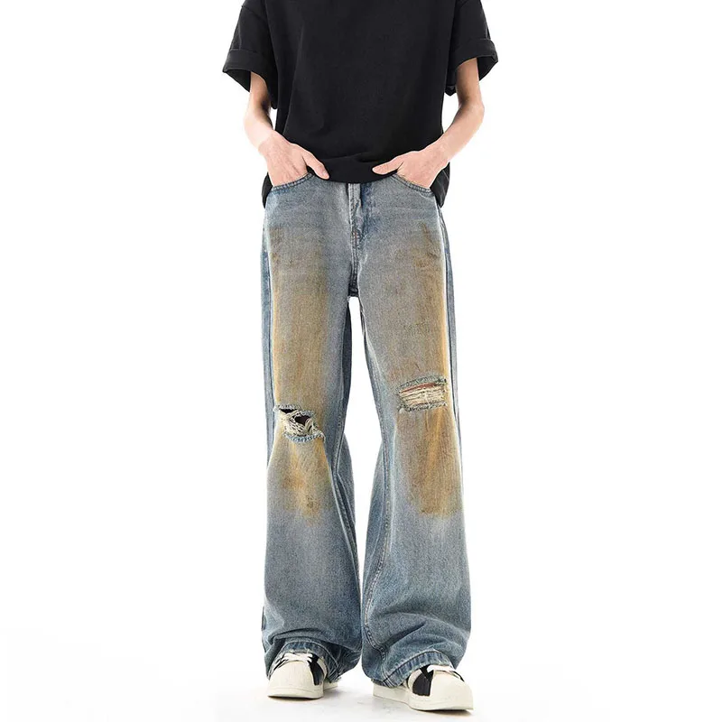Jean déchiré d'été pour hommes, taille haute, Vintage, Streetwear, pantalon Baggy décontracté, jambes larges, couleur unie, droit, Y2k