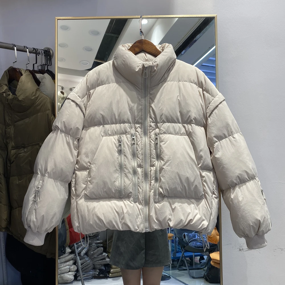 

Autumn Winter New Down Jacket Women's Stand Collar Fashion Long Sleeve Casual Warm Thickened White Duck Down Loose Coat L412