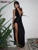 Weird Puss Halter Backless Dress Women Summer Trend Elegant Side Split Deep V-Neck Long Bodycon Midnight Party Ruched Vestidos 1