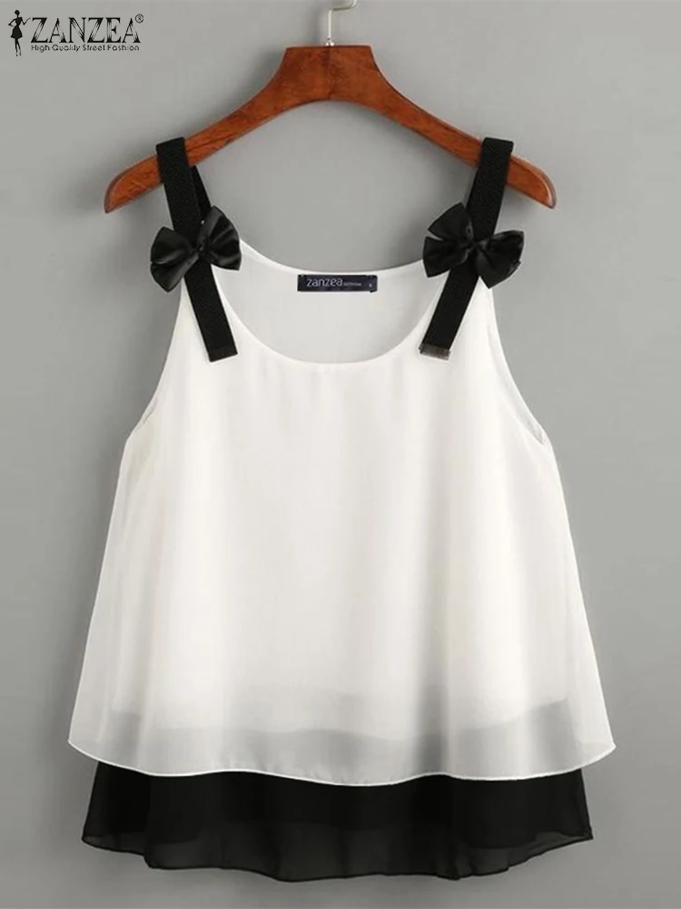 

Блузка ZANZEA женская с бантом, цветной винтажный топ в стиле пэчворк, туника на бретелях-спагетти, Повседневная милая искусственная жилетка, 2 предмета, лето 2024