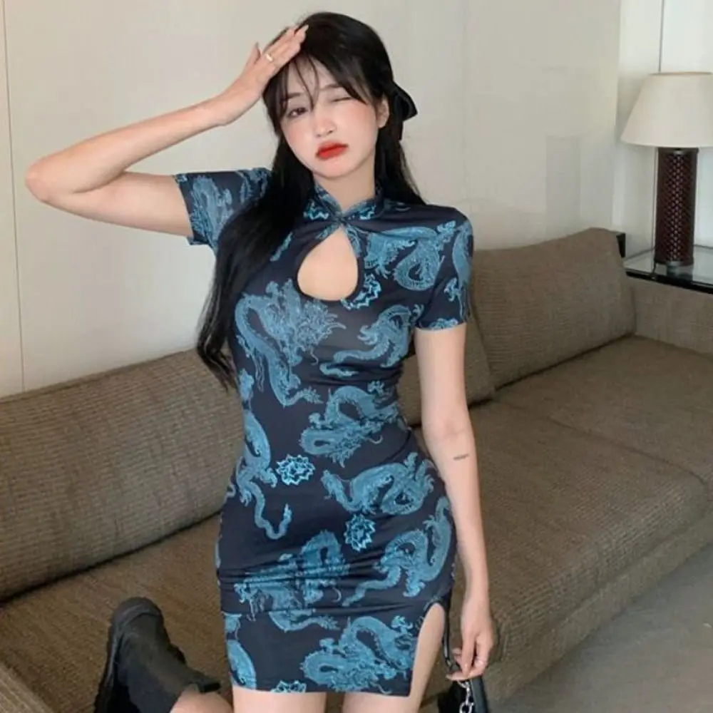 

Slim Dragon Print Cheongsam Chinese Style Vintage Short Sleeve Women's Clothing Forking Embroidery Chinese Cheongsam Lady