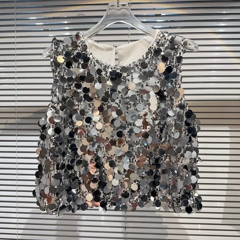 

2023 Summer Shinning Sequined Sleeveless Vest Women Nightclub Performance Embroidery Sequins Loose Vest T Shirt Top Black Silver