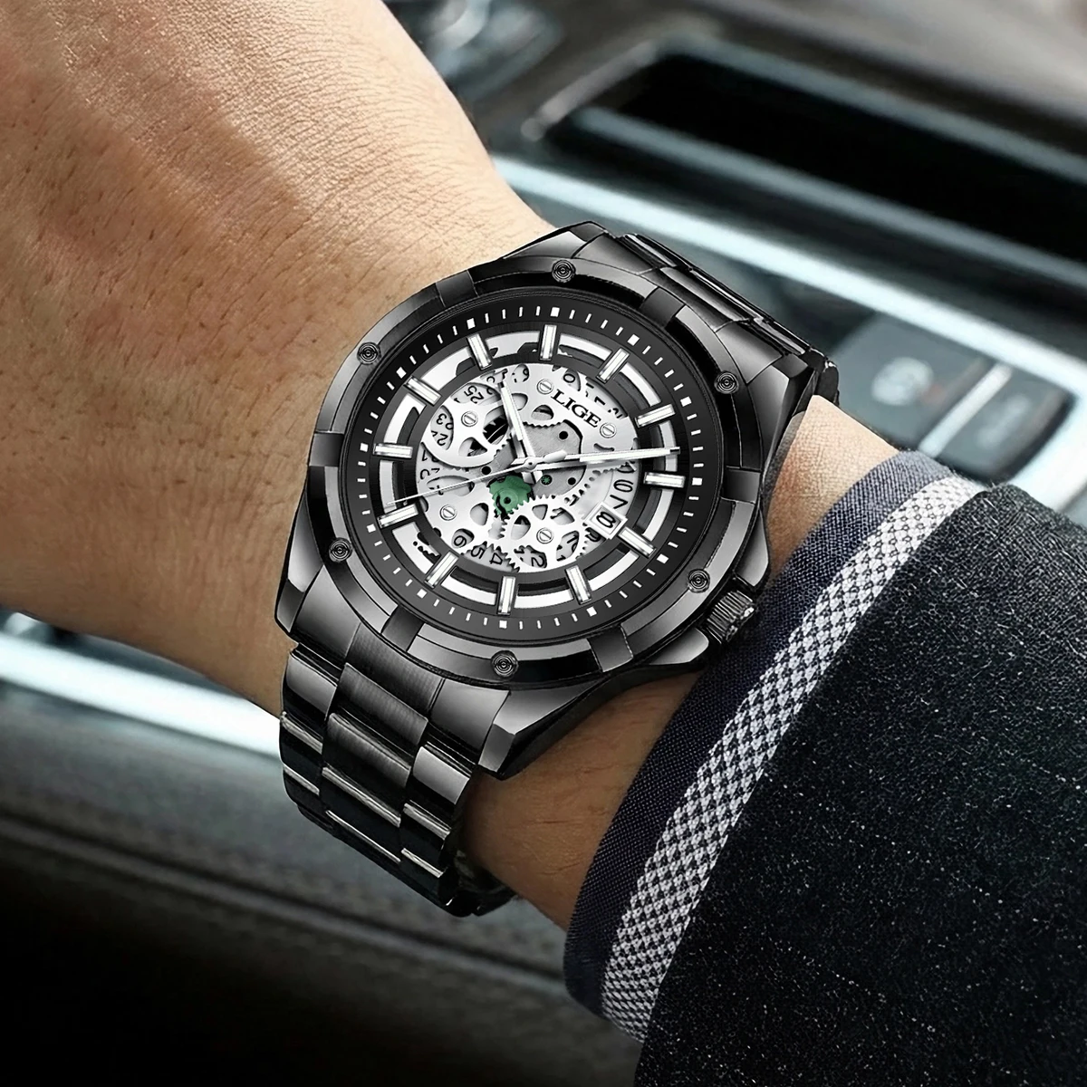 LIGE Luxury Steampunk Skeleton Dial Men's Automatic Mechanical Watch