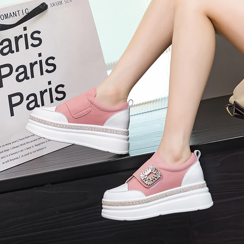 

6CM Microfiber Skate Board Vulcanized Chunky Block Boot Bling Platform Wedge Sneakers Cow Genuine Leather Breathable Shoes