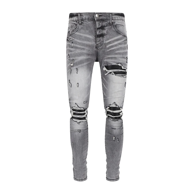 

New Design Fashion Men's Ripped Jeans Grey Distressed Streetwear Fashion Slim Leather Patchwork Distressed Ripped Denim Pants