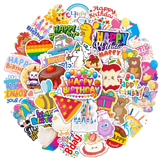 Pegatinas de dibujos animados de feliz cumpleaños, pegatina de vela de  pastel para maleta impermeable, decoración de funda de teléfono, cosas  esenciales para niña, 50 unidades - AliExpress