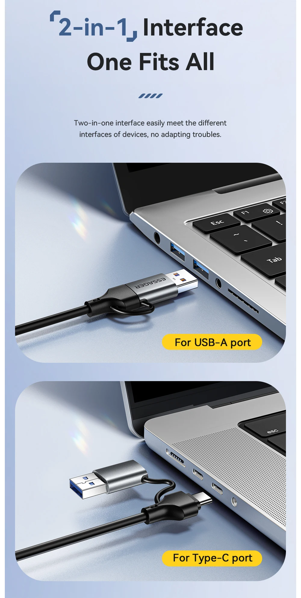 2-in-1 Ethernet Adapter USB-A/Type-C to RJ45 Network Card 1000Mbps Ethernet Giga