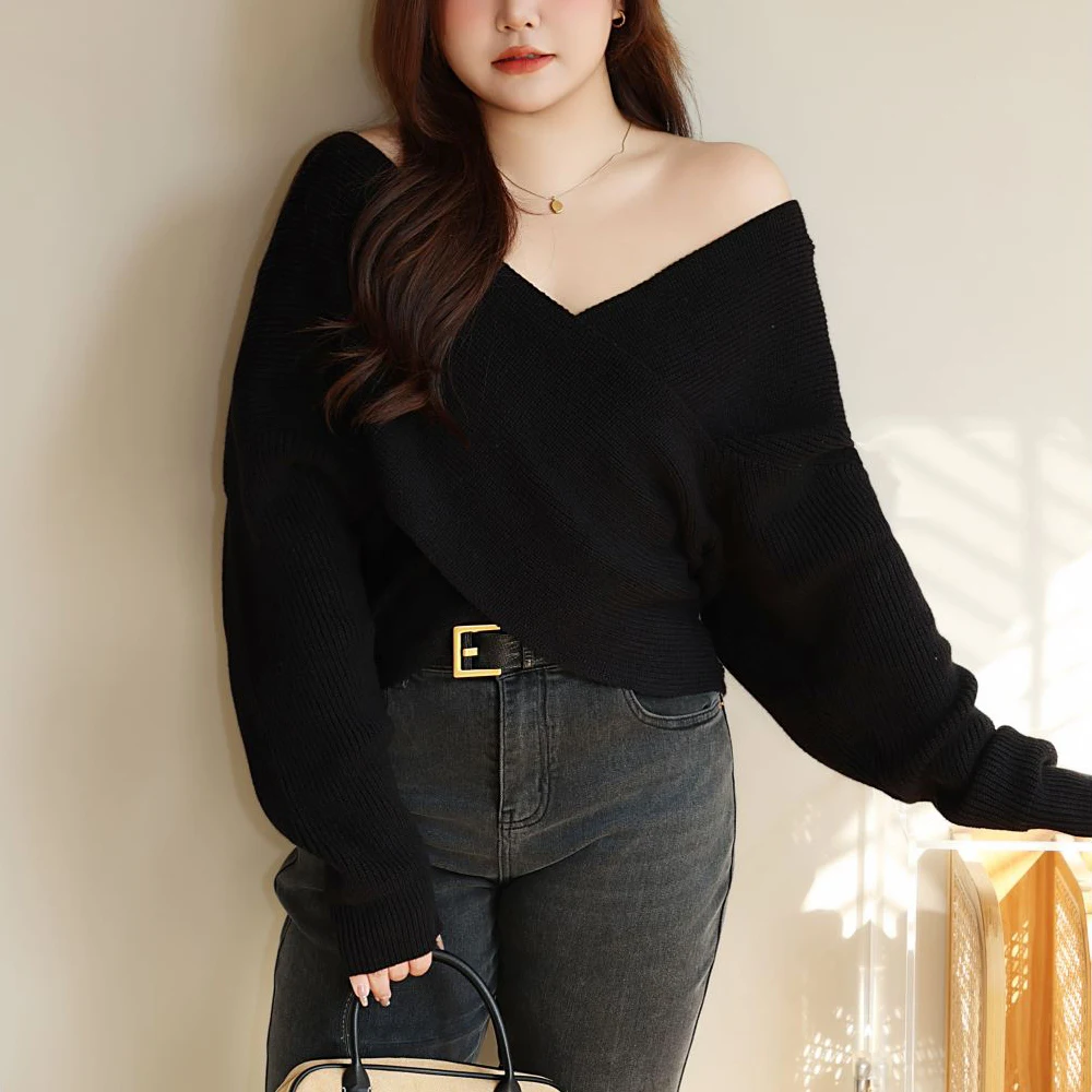 XXXL Fashion Plus Size Women's Sweater Premium Fairy Cross V-Neck Gentle Sexy Design Soft Knitted Pullovers Autumn Winter 8218