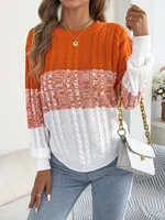 Woman Casual Color Block Striped Sweater Round Neck Lantern Long Sleeve Twist Knitted Tops for 2025 Autumn Winter Women Clothes - Image 3