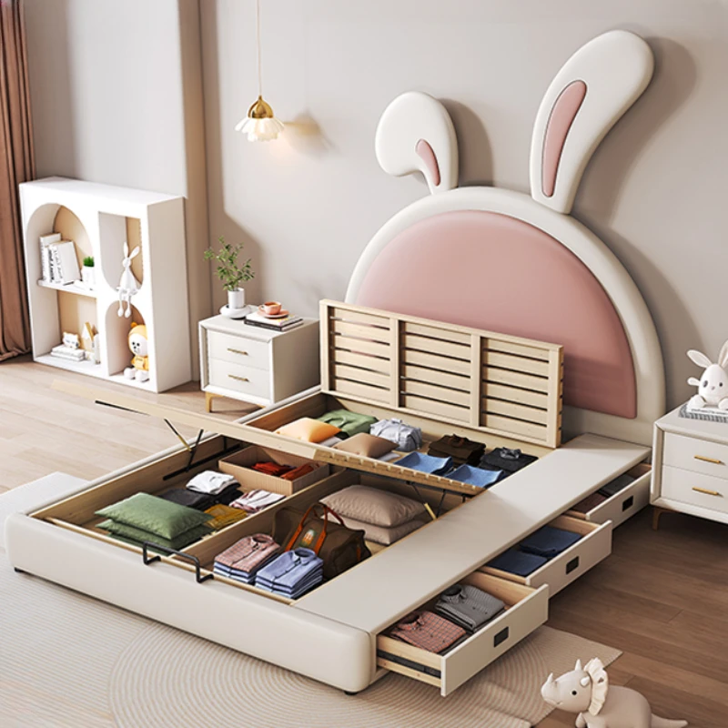 Girl Princess Children Bed Simple Modern Leather Comferter Bed Light Luxury Cama Infantil Bedroom Set Furniture